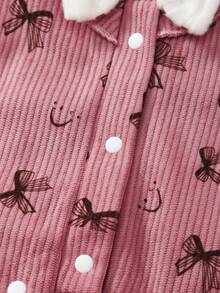 女宝宝花卉领蝴蝶结装饰全身印花撞色罗纹长袖连体衣