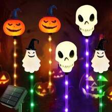 6-Pack Solar-Powered LED Halloween Horror Atmosphere Decorative Lights, With A Mix Of Skulls, Pumpkins, And Ghosts, 5-Pack Luminous Skulls To Choose From, IP44, 8 Flashing Modes, Suitable For Lawns, Gardens, Trees, Haunted Houses, Cemeteries, Halloween And Theme Party Decorations