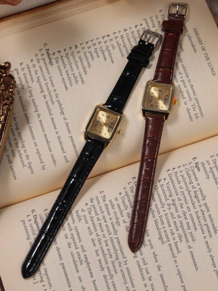 1/2pcs Vintage Elegant Women Quartz Watch Set, Square Dial Fashion Leather Band Watch, Suitable For Daily Wear, Formal Events And Holiday Decoration