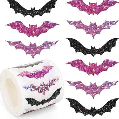 500pcs Halloween Sparkling Bats Stickers Roll - Laser-Cut Black Bats With Glitter Accents, Waterproof Self-Adhesive Decals For Party Decor, Envelopes, Scrapbooks, Halloween Decorations Home Decor Fall Decor Room Decor