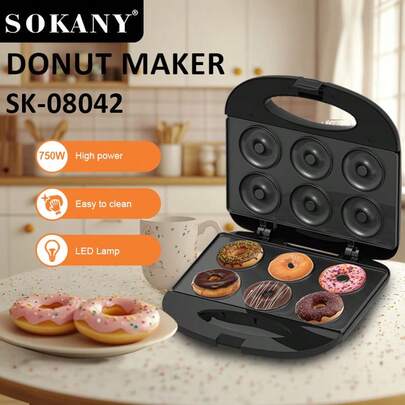 SOKANY 08042 Donut Maker. Breakfast Maker. 750W High Power, Double-Sided Heating. Aluminum Material, Non-Stick Coating + LED Light. Suitable For Homemade Donuts, Cakes, Breads And More. Kitchen Essential, Baking Must-Have.