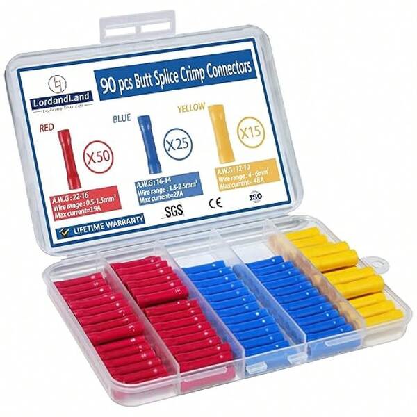 90 Pcs Butt Splice Connectors Kit 22-10 AWG Electrical Crimp Terminal Connector Kits Assorted Butt Splice Crimp Connectors Wiring Straight Crimps Terminals For 22,20,18,16,14,12,10 Gauge Wires