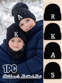 1pc Kids Black Uppercase Letter Embroidered Beanie, Minimalist Solid Color Soft Warm Fashion Accessory Knit Hat, Suitable For Boys & Girls In Autumn & Winter