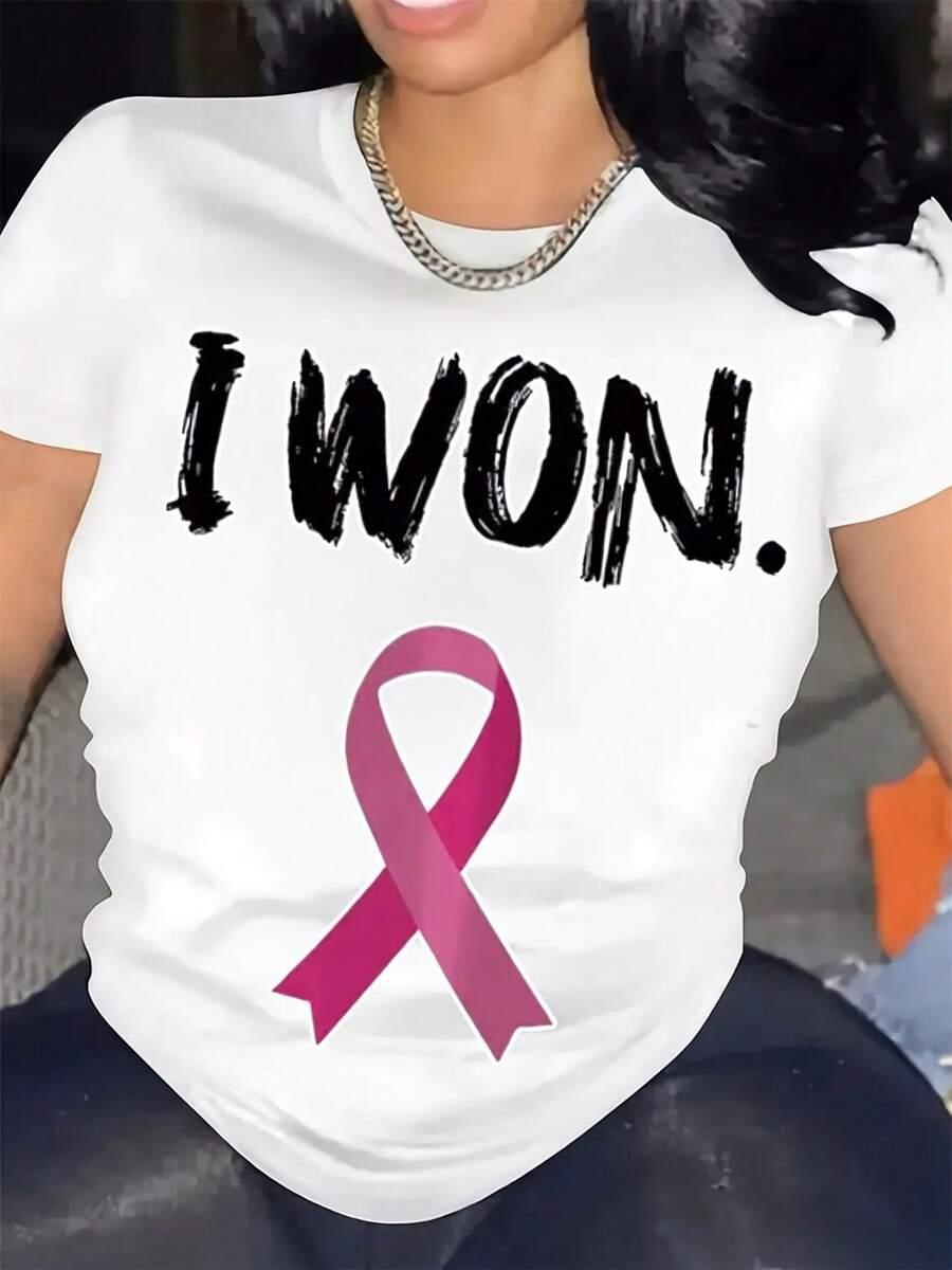Women's Cancer Survivor Victory Large Size T-Shirt, Shirt With Bold Slogan And Pink Ribbon, Empowering Gift For Breast Cancer Survivors, Trophy Tie, Hand Washable, Suitable For All Seasons.