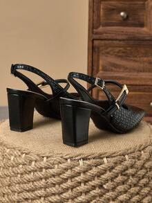 WHDXY 1 Pair Women's Square Toe Basic Solid Backless Buckle High Heel Pumps, Sexy 7CM Chunky Heels, Suitable For Work, Flight Attendant, Formal Dress - Black - View 6