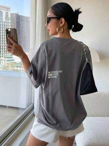 Women's Oversized Drop Shoulder T-Shirt With Graphic Lettering CHERISH TIME EFFECT DREAM LAUNCH - Dark Grey - View 2