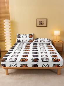 1 件万圣节床笠、床上用品、床垫保护套、床罩、床单、舒适家纺、透气床垫保护套、不给糖就捣蛋、柔软舒适、整洁百搭、卡通图案床罩、万圣节房间装饰