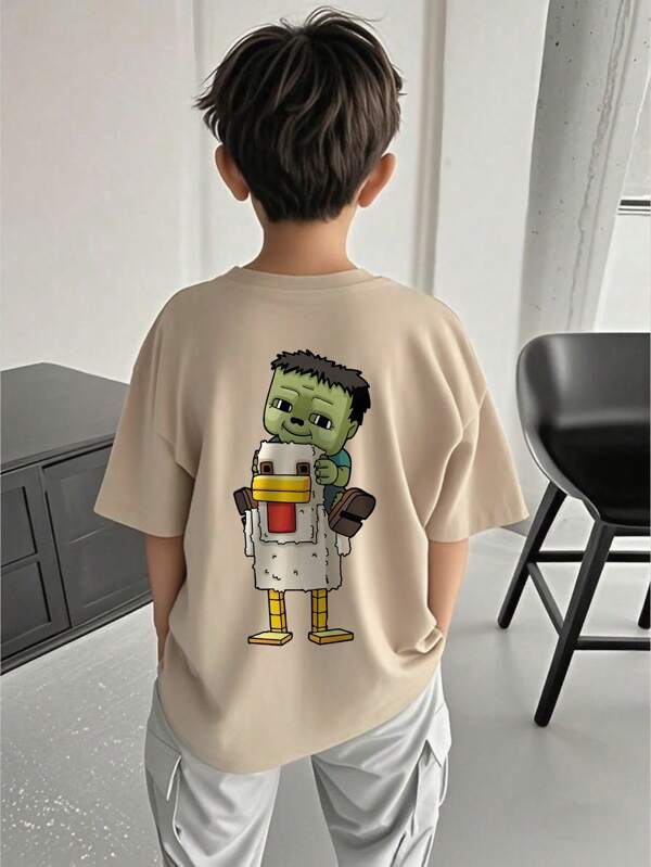 Boys & Teens Students Casual Printed Round Neck Short Sleeve T-Shirt, Summer Top