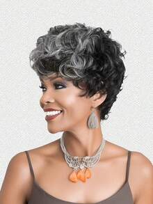 Black Short Pixie Cut Wigs For Black Women Short Wigs For Black Women Pixie Cut Curly Wig With Bangs Black Women Wigs - 黑色灰色 - 查看 10