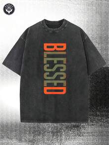 Washed, Wishing Olive  Sun Orange, Cool Retro Casual Fun Wearing Exquisite Letter Pattern T-Shirt, Men's Short Sleeved Printed T-Shirt, Square Neck Street Pure Cotton Short Sleeved T-Shirt, Fashionable T-Shirt, Holiday Gift - 黑色 - 查看 1