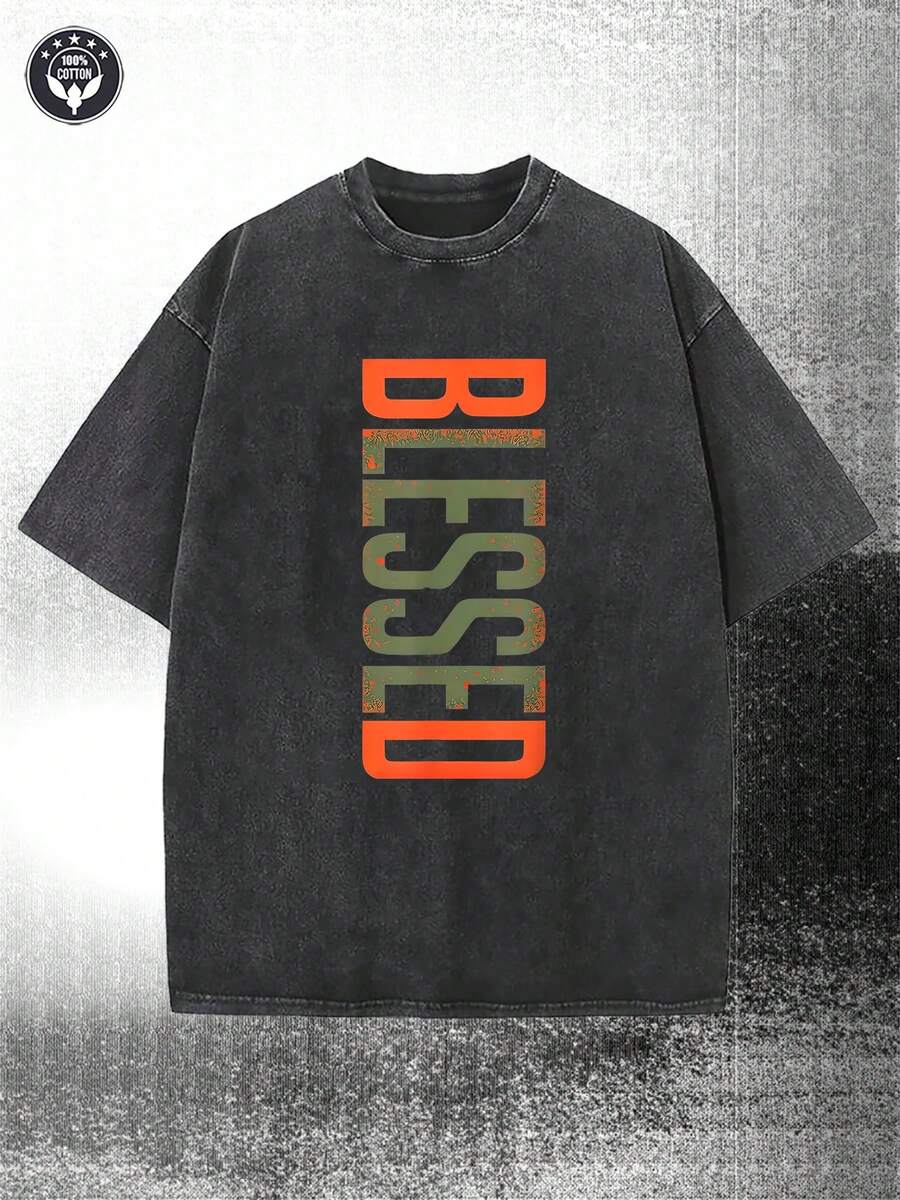 Washed, Wishing Olive  Sun Orange, Cool Retro Casual Fun Wearing Exquisite Letter Pattern T-Shirt, Men's Short Sleeved Printed T-Shirt, Square Neck Street Pure Cotton Short Sleeved T-Shirt, Fashionable T-Shirt, Holiday Gift - 黑色 - 查看 1