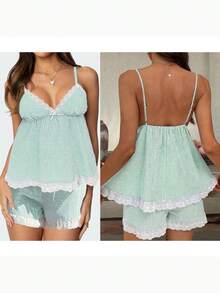 Women's Summer Lounge Set Sleeveless V Neck Cami Tops Lace Trim Shorts Sleepwear - Green (stripes) - View 7