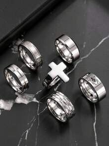 6pcs Men's Stainless Steel Ring Set, Includes Cross, Spider Cut, Roman Letter, And Plain Rings, Fashionable Accessories Suitable For Men's Daily Wear, Holidays, Dates, And Gifts
