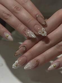 24 件奢华 3D 花卉杏仁指甲 - 米色和腮红粉色凝胶指甲，配金色仿珍珠和金属叶子装饰，优雅指甲设计（含美甲工具）按压式指甲美甲用品 - 彩色 - 查看 1