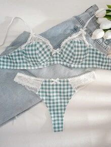 1 套女士薄荷绿格子印花蕾丝花边文胸套装