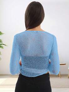 Womens Fish Net Knitted Tie Up Bolero Shrug Top Ladies 3/4 Sleeve One Size Fits All - Sky Blue - View 5