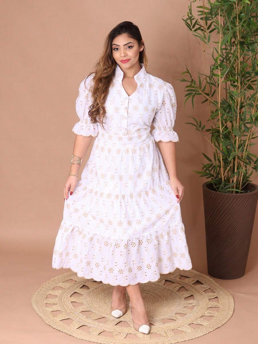 Women's Midi Dress With Embroidered Laise, All-Over Print, Embroidery, Button, Ruffle, Gathered, Formal And Evening - Two-tone White - View 1