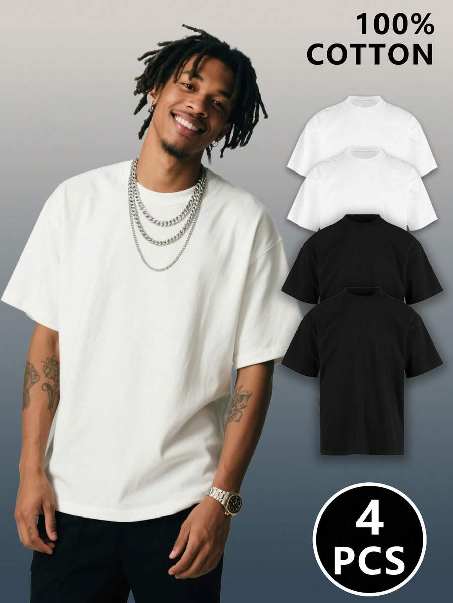 A Set Of 1 Black And 2 White Men's T-Shirts In 3 Pieces. 200 Grams Cotton American-Style Men's Clothing. Available In Black And White. The Fabric Is Soft, Of Certain Thickness, Comfortable To Wear, And Has A Simple And Basic Style. Suitable For Fitness, Summer Travel, And School Wear. It Is An Excellent Gift For Family And Friends! - 白色 - 查看 1