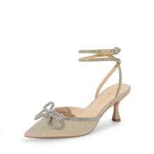 Women's Rhinestone Bow Ankle Strap Pumps Stiletto Kitten Heels Pointed Closed Toe Heels Fashionable Wedding Bridal Party Prom Dress Shoes - 金色 - 查看 2
