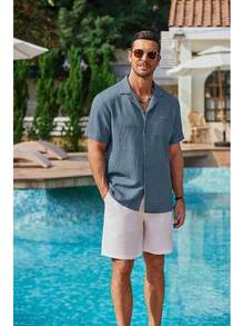 Mens Casual Short Sleeve Button Down Shirts Cuban Linen Textured Shirt Summer Beach Wear-20256688 - 深藍色 - 查看 9