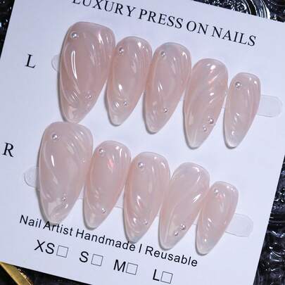 10片杏仁色100%纯手工制作裸杏色半透明美甲贴片，带有3D水波纹图案和美人鱼极光灯效果，简约法式风格设计，适合女性日常DIY美甲，可重复使用，快速粘贴，持久耐用，按压式美甲贴片，美甲用品，手工美甲贴片