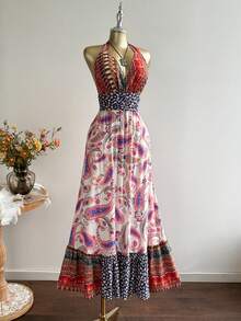 Rusttydustty 波西米亚风拼接挂脖长裙佩斯利印花露背度假连衣裙长款碎花连衣裙