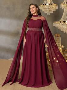 Faeriesty Curve Plus Rhinestone Detail Cloak Sleeves Chiffon Formal Dress-Perfect For Red Carpet Galas, Black-Tie Weddings, Award Ceremonies, Charity Balls, And Luxury Fashion Events