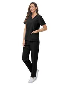Set Pakaian Spa Wanita, Atasan Lengan Pendek Lembut dan Bernapas dengan Bahan Matte serta Celana Panjang Lurus, Cocok untuk Ahli Kecantikan, Teknisi Kuku, Perawat, Warna Hitam untuk Musim Gugur - Hitam - View 3