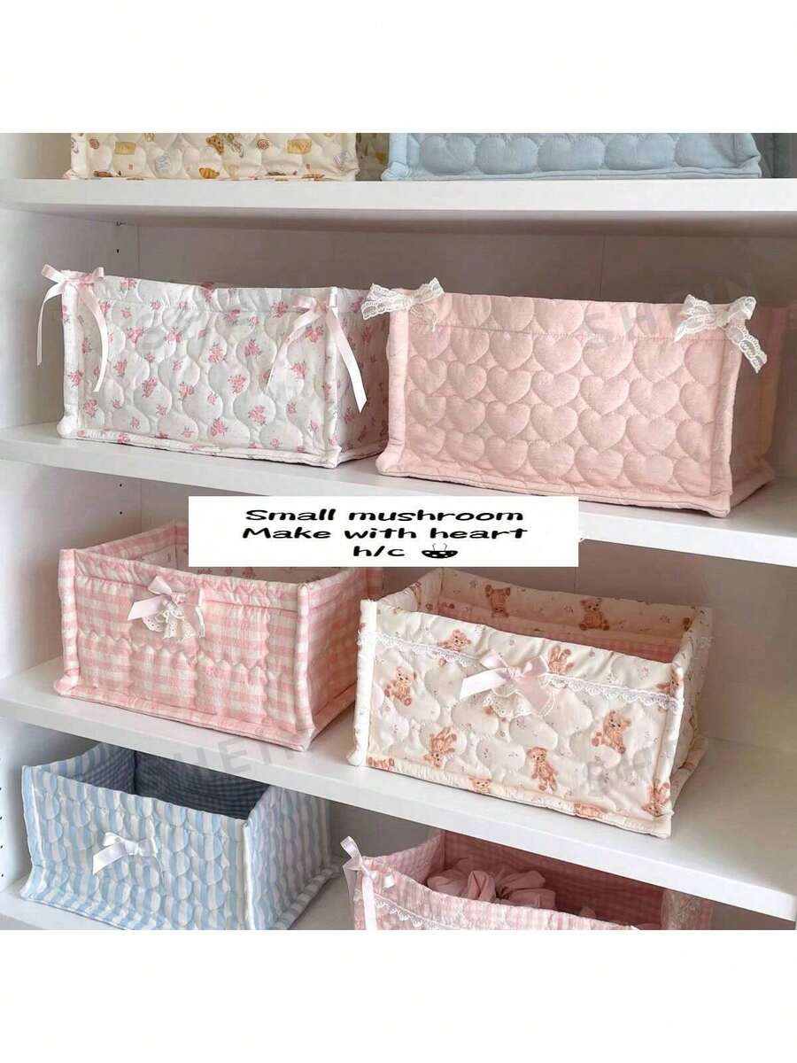 1 pieza/2 piezas Cesta de almacenamiento con lazo lindo, cesta de almacenamiento de artículos varios para escritorio, cesta de almacenamiento de lápiz labial, brochas de maquillaje y productos de cuidado de la piel, para organización y almacenamiento en el escritorio, dormitorio, sala de estar, cesta de almacenamiento para artículos varios