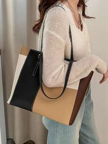 时尚大容量多口袋单肩托特包，休闲女士大包 32*12*28cm，可容纳笔记本电脑，简约时尚，适合休闲度假 - 彩色 - 查看 2