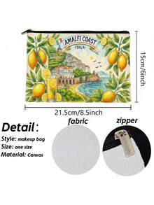 1个阿马尔菲海岸柠檬帆布化妆包 - 耐用、不易褪色、拉链封口，可用作铅笔盒和旅行收纳包，饰有鲜艳的花卉图案，是送给朋友的理想礼物，双面印花，可存放零食和洗漱用品，化妆旅行包，返校/圣诞礼物 - 彩色 - 查看 2