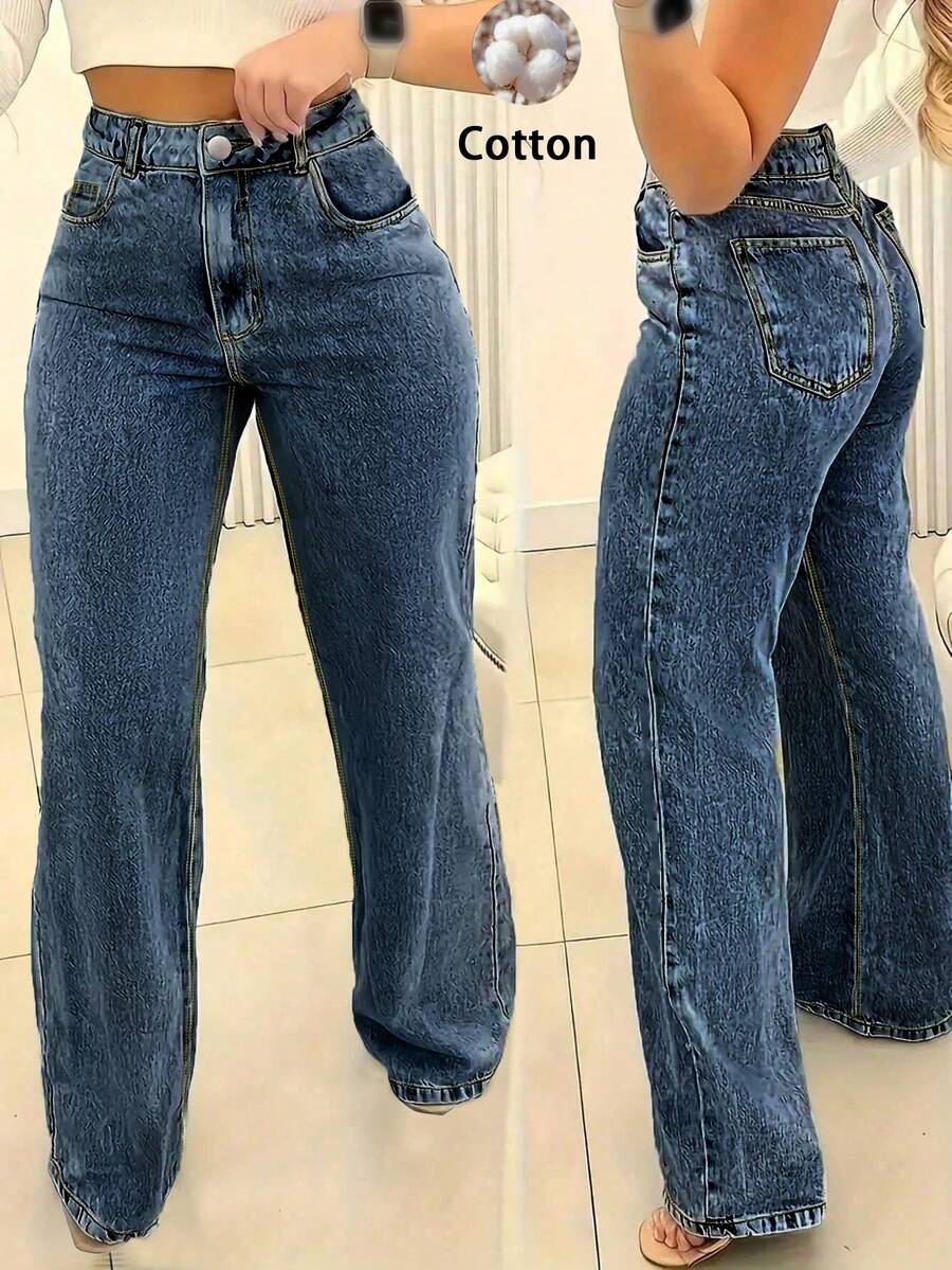 Quần jeans nữ dáng rộng, ống thẳng, cơ bản, có túi. - Rửa tối - Xem 1