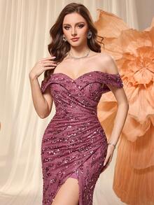 UNITHORSE Women's Off Shoulder Backless Sequins Patchwork Gathered Waist High Split Party Evening Dress - Red Violet - View 6