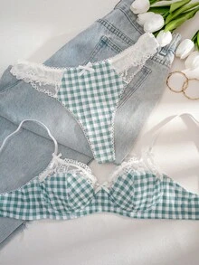 1 套女士薄荷绿格子印花蕾丝花边文胸套装
