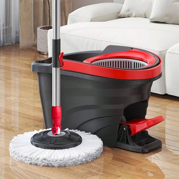 Rotating Mop With Pedal - No-Wash Dual-Drive Telescopic Pole 360° Spinning Mop Bucket Set - For Household, Kitchen, Bathroom & Office Cleaning - With 3 Microfiber Pads & Large Area Sweeping