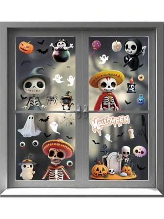 4 stuks Halloween statische raamstickers, schedel- en pompoendecoratie voor Halloweenfeest, feestbenodigdheden voor de feestdagen, cartoon muurstickers