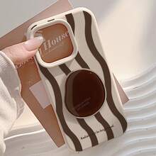 GUCADI 1pc Cheese White Striped + Red Brown Round Stand Retro Creative High-End Anti-Drop Soft Case Compatible With Apple 16/15/14/13/12/11 Series Waterproof Shockproof Scratch Resistant - White - View 7