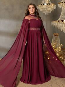 Faeriesty Curve Plus Rhinestone Detail Cloak Sleeves Chiffon Formal Dress-Perfect For Red Carpet Galas, Black-Tie Weddings, Award Ceremonies, Charity Balls, And Luxury Fashion Events