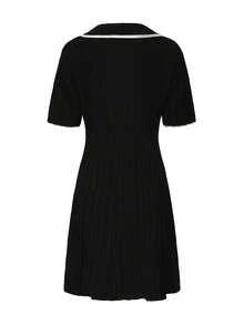 Knit Mix Vestido de punto de manga corta con bloque de color, estilo francés elegante y chic para Navidad y Año Nuevo, vestido de suéter sencillo para mujeres