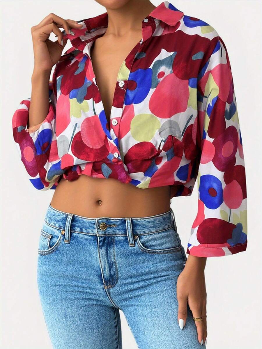 Women's Floral Print Button Down Cropped Shirt, Long Sleeve Casual Summer Crop Top - 紅色 - 查看 1