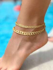 2pcs Simple Minimal Fashion Beach Style Metal Anklets, Comfortable Wear For Women, Suitable For Date, Party, Work - Vàng - Xem 2