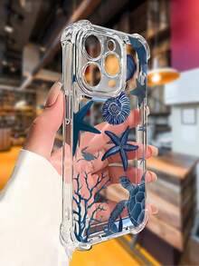 Funda para teléfono con diseño de elementos artísticos de vida marina azul océano, compatible con los modelos de  16, 15, 14 Pro Max, 13, 12, 11, XR y XS Plus. Fabricada en silicona TPU, ofrece protección contra golpes y caídas, además de una excelente sensación al tacto. Es el regalo ideal para familiares, amigos y seres queridos. - transparente - Ver 3