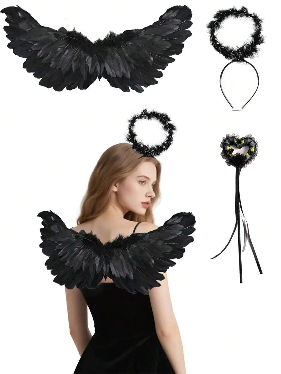 3Pcs Angel Wings Costume Accessories-Feather Wings With Halo Headband Set For Adults,Lightweight Adjustable Fairy Wings