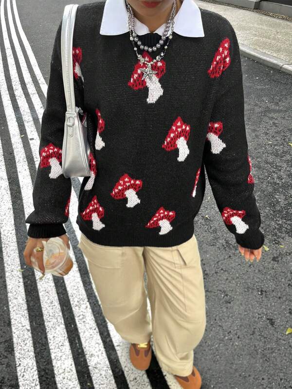 Suéter holgado de lana de cuello redondo con estampado de seta de ancho completo, de moda casual universitaria para mujer en otoño e invierno