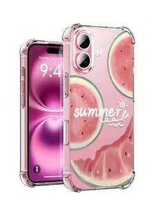 Slogan 1pc TPU Soft Bumper Shockproof Clear Transparent Anti-Yellow Phone Protective Case, Summer Watermelon 2D Pattern Printed Phone Case, Compatible With IPhone 11/11 Pro/11 Pro Max/X/XR/X MAX/XS/12/12 Pro/12 Pro Max/13/13 Pro/13 Pro Max/14/14 Pro/14 Pro Max/14 Plus/15/15 Pro/15 Plus/15 Pro Max/16/16e/16 Plus/16 Pro Max/16 Pro/12 Mini/13 Mini, Premium Comfortable Phone Protective Cover - Clear - View 1