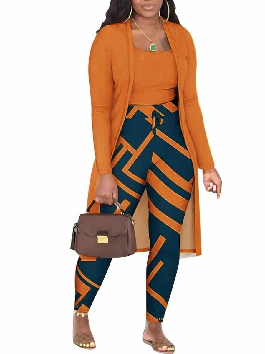 Women's Ribbed Knit 3 Piece Lounge Set - Comfy Crop Top & Adjustable Waist Pants & Long Cardigan - Màu Cam cháy - Xem 1