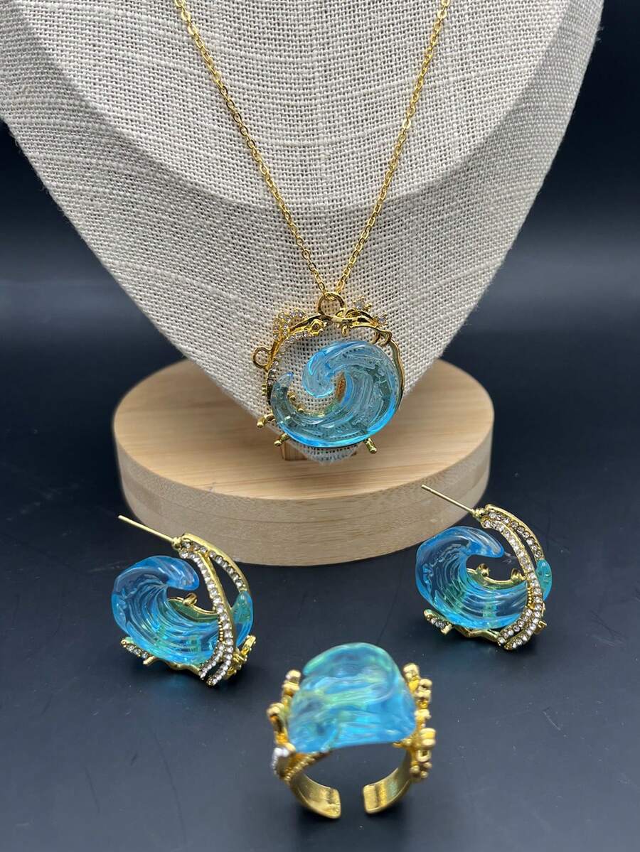 HOTNICE 女士波西米亚风格海浪首饰套装 - 优雅的蓝色波浪项链，搭配耳环和戒指，是海滩主题礼物、海滩配饰的完美选择 | 优雅的首饰套装 - 金色 - 查看 1
