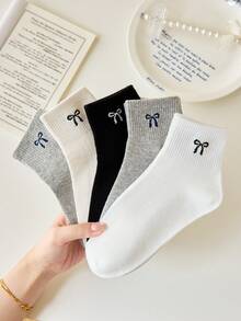 5 Pairs Women's Cute Breathable Bow Decor Ankle Socks, Invisible Liner Socks, Fashionable Ins Style Socks, White And Black, Suitable For Casual Daily Wear, All Seasons - Multicolor - View 6