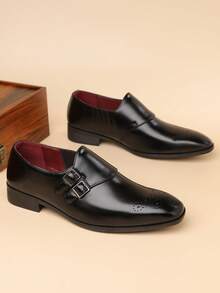 1 par de Oxfords formales de negocios para hombres, nuevos zapatos de monje con hebilla casual artesanal, suela blanda Brogue (Correr 1 talla talla grande grande) - Negro - Ver 2