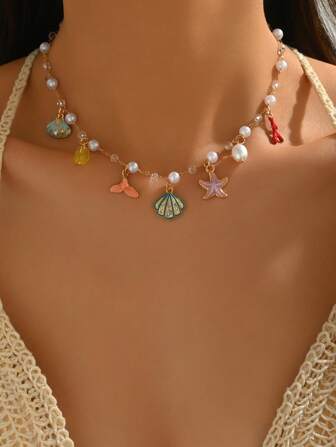 1 件女士金色海星贝壳仿珍珠项链波西米亚串珠贝壳项圈项链海滩夏威夷假日美人鱼配饰首饰适合夏季海滩度假搭配